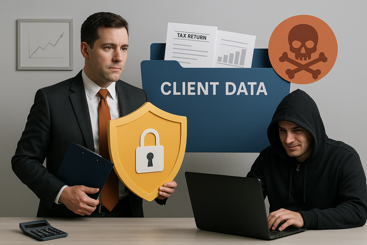 Accountant protecting data with hacker