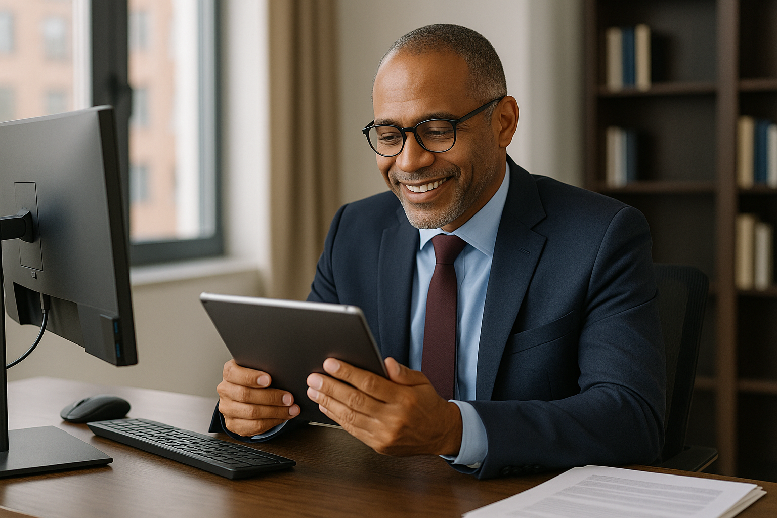 man looking at iPad about cyber insurance